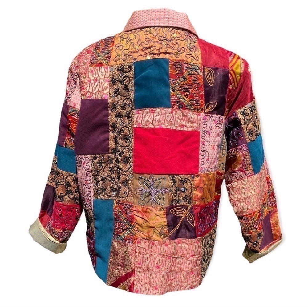Vintage Alex Kim Wearable Art Patchwork Colorblock Sequined Jacket Petite Large - Picture 3 of 12